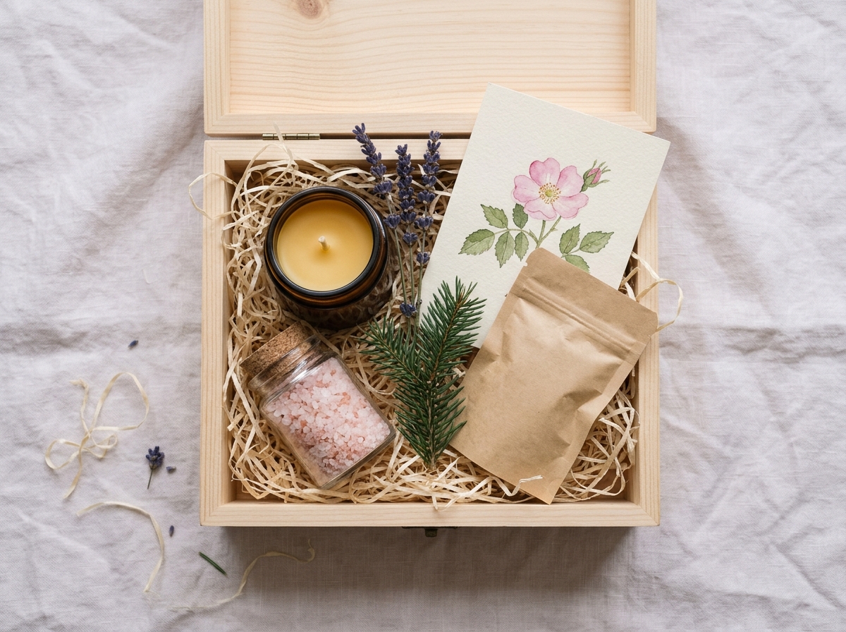 The Mountain Calm box from above: a beeswax candle, mineral bath salts, herbal tea and a botanical art print