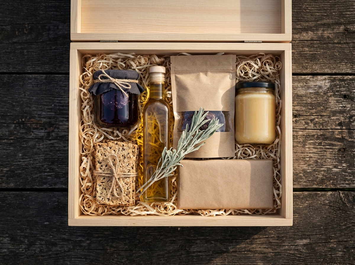 The Larder box from above: haskap jam, camelina oil, smoked bison jerky, aged honey, crackers and dark chocolate
