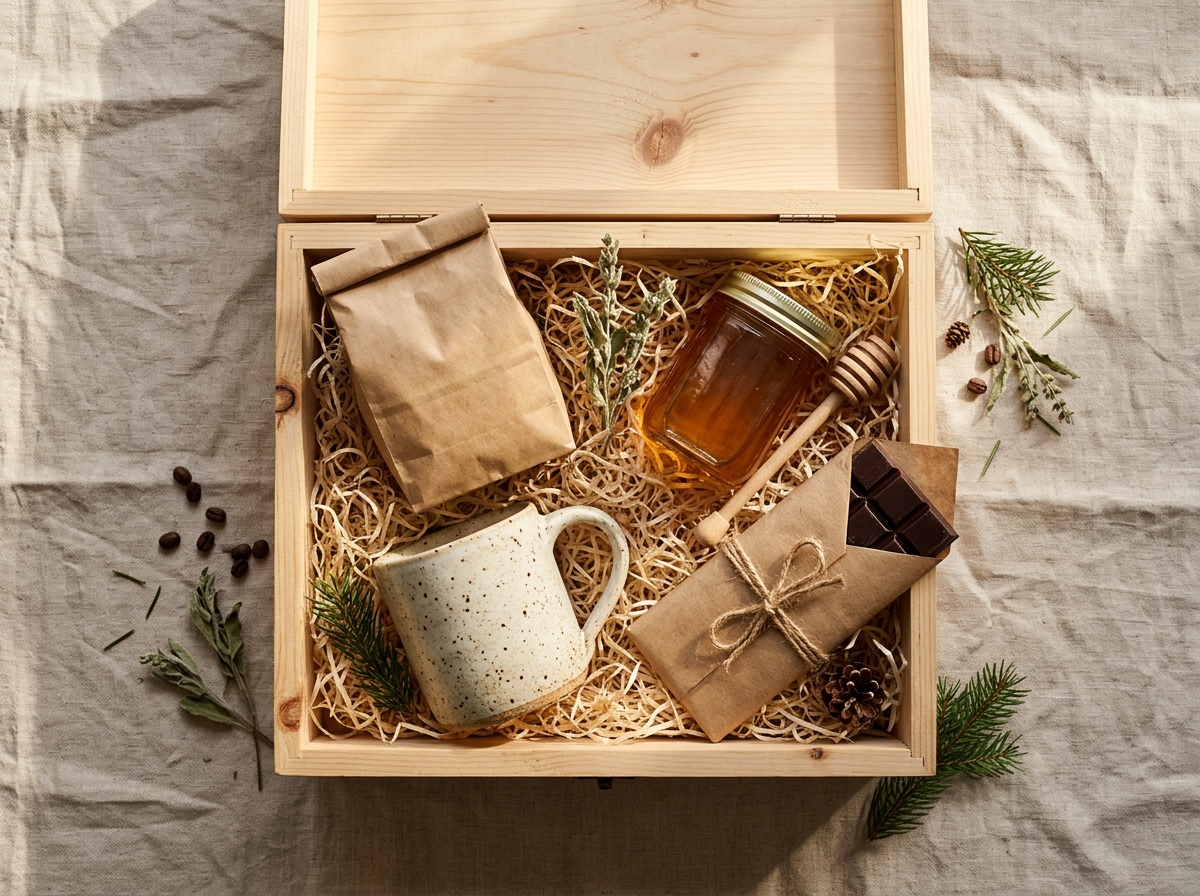 The Mountain Morning box from above: small-roast coffee, raw honey and a stoneware mug in wood wool