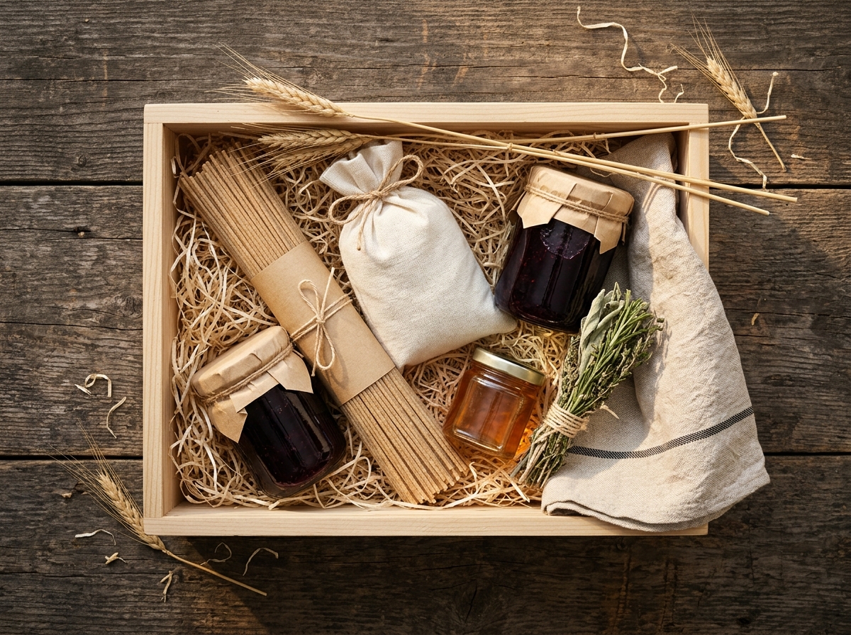 The Prairie Pantry box from above: heritage-grain pasta, red fife flour, saskatoon preserves, mustard and a linen tea towel