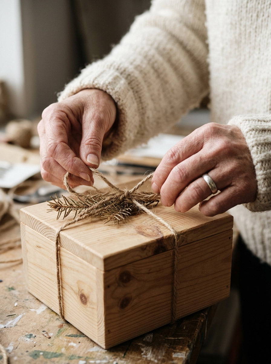 Hands tying twine around a pine gift box