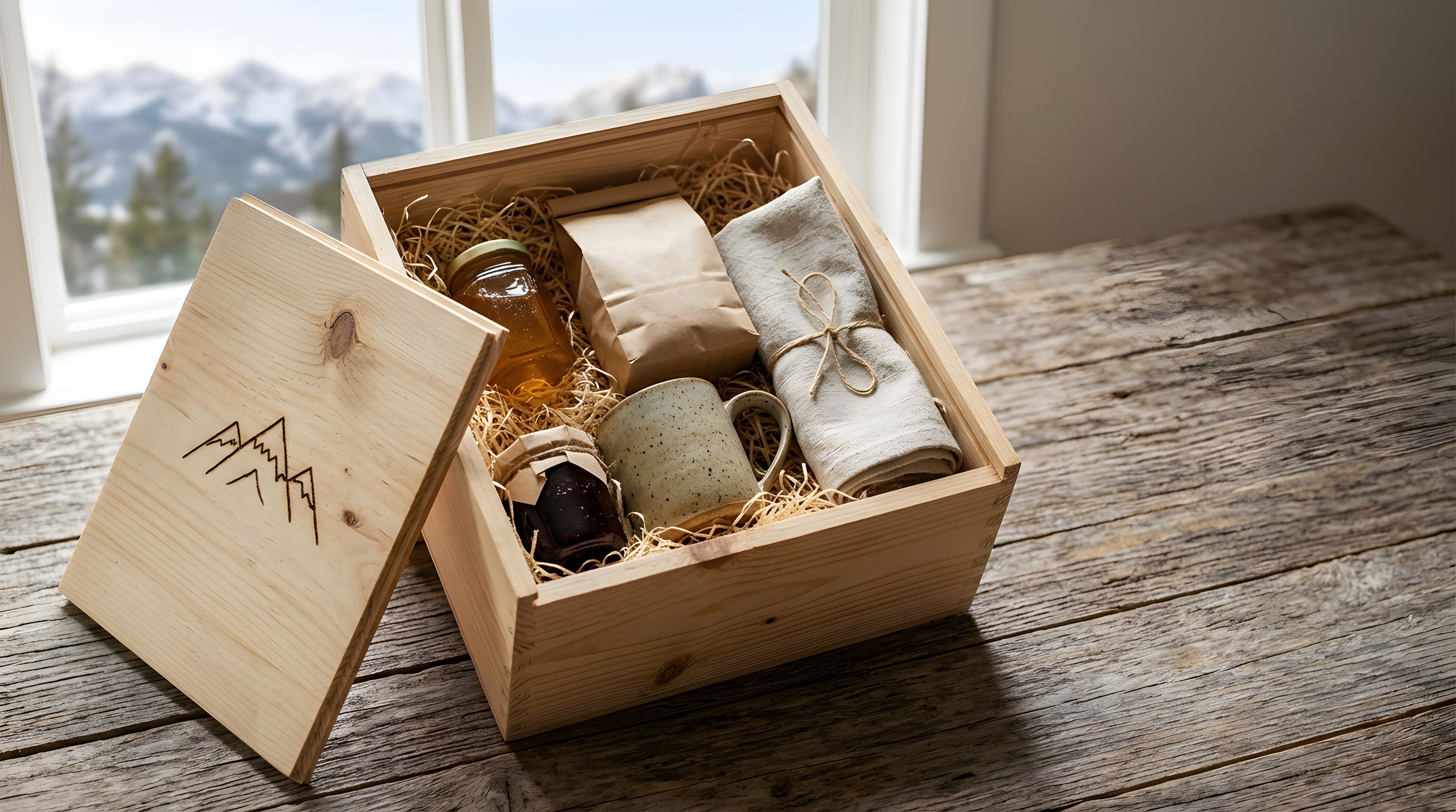 An open pine box with the Alberta Bounty mark burned into its lid, filled with honey, coffee, a stoneware mug, preserves and linen in wood wool, the Rockies through the window behind