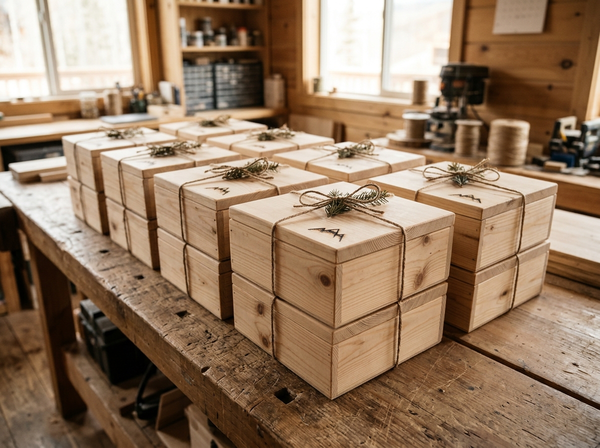 A dozen identical pine boxes tied with twine, ready for a company order
