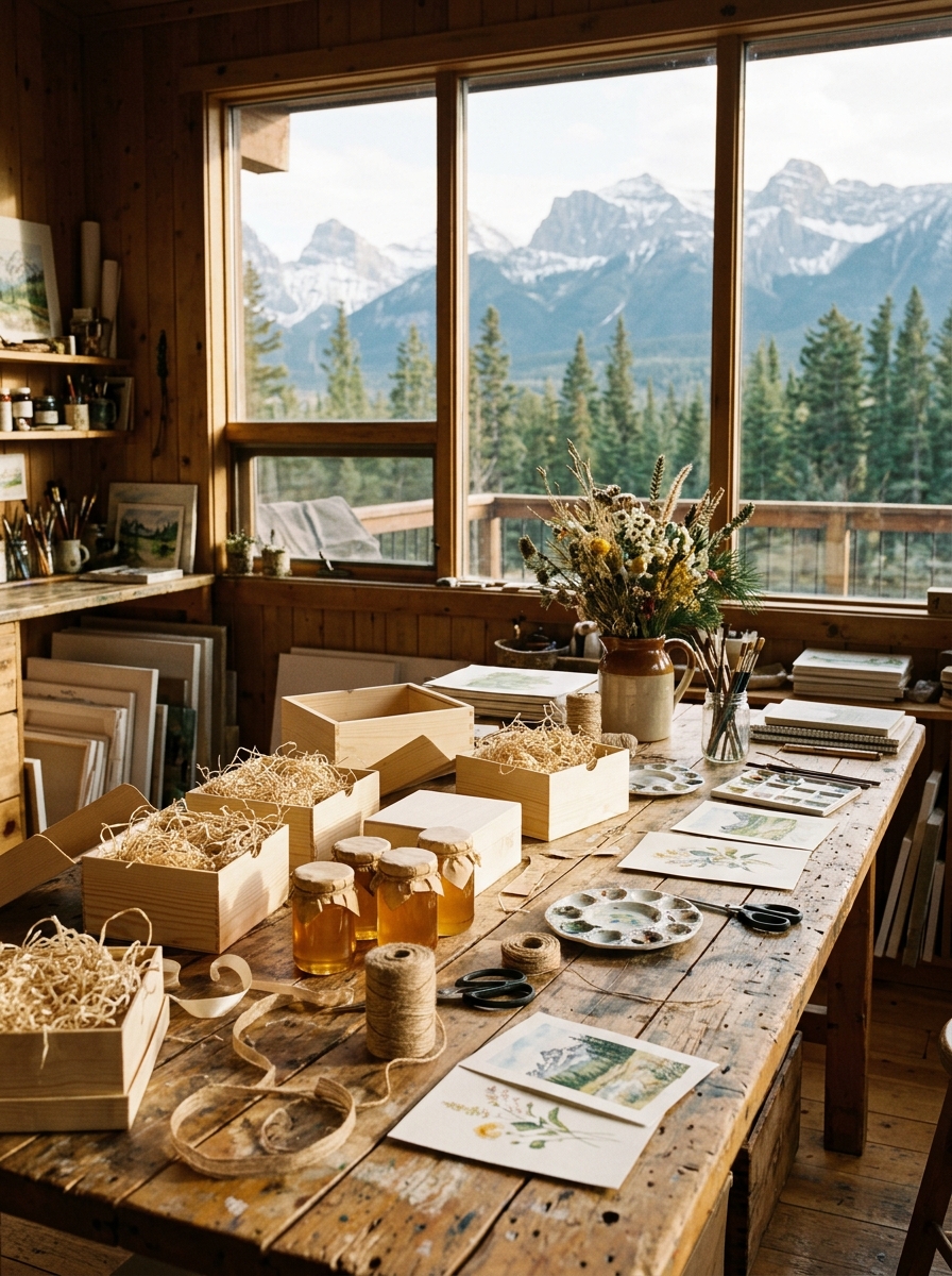 A sunlit worktable in a Canmore studio with gift boxes being assembled